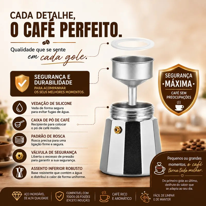 Detalhes da cafeteira italiana com válvula de segurança, vedação de silicone e componentes para preparação de café