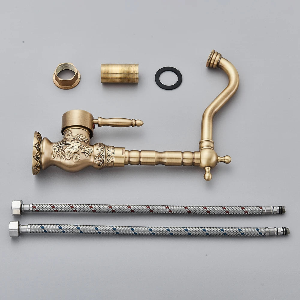Kitchen Sink Faucets Retro Brass Antique Bronze Single Handle Kitchen Basin Faucets Deck Mounted Hot&Cold Water Mix Tap