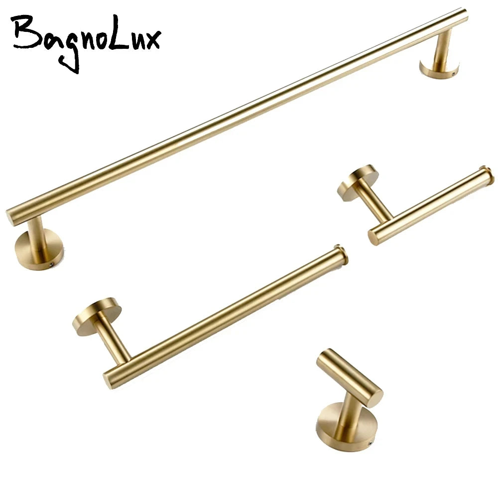 Brushed Gold Bathroom Accessories Set - Wall Mount Hand Towel Bar Rack Toilet Paper Holder Robe Hook Hardware Kit