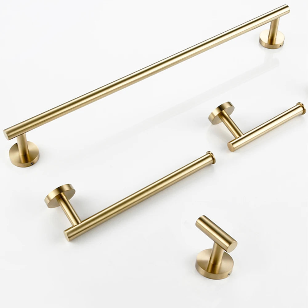 Brushed Gold Bathroom Accessories Set - Wall Mount Hand Towel Bar Rack Toilet Paper Holder Robe Hook Hardware Kit