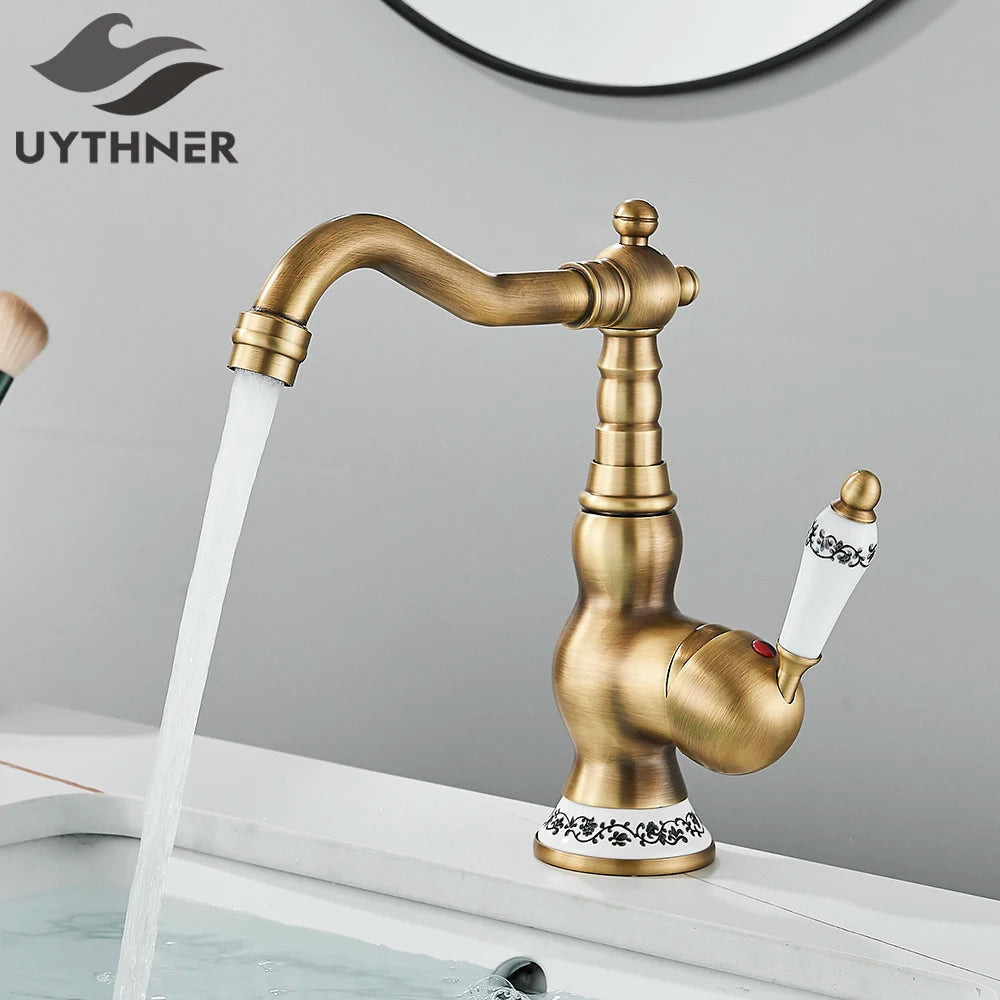 Kitchen Sink Faucets Retro Brass Antique Bronze Single Handle Kitchen Basin Faucets Deck Mounted Hot&Cold Water Mix Tap