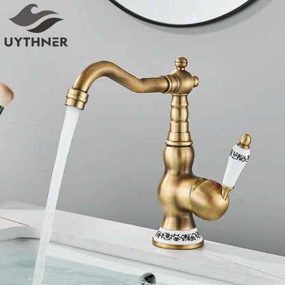 Kitchen Sink Faucets Retro Brass Antique Bronze Single Handle Kitchen Basin Faucets Deck Mounted Hot&Cold Water Mix Tap