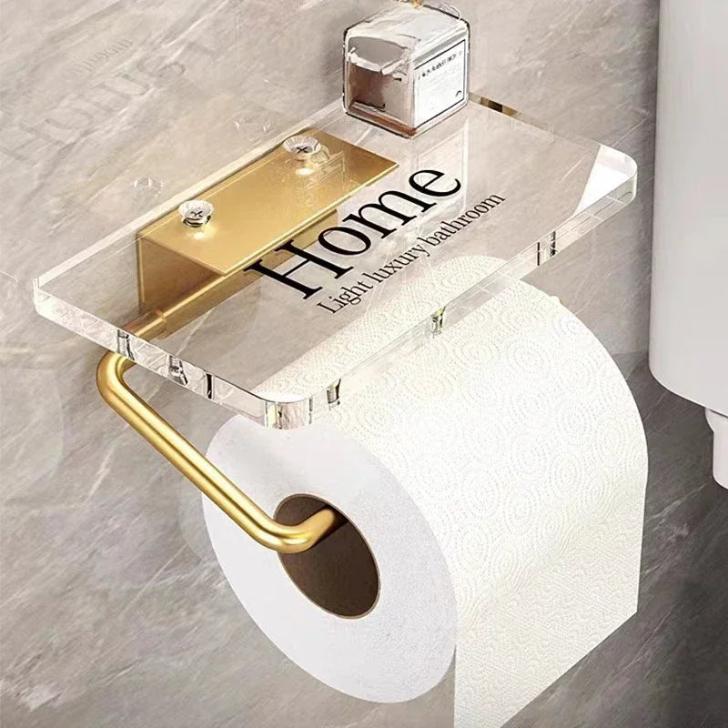 Luxury Gold Toilet Paper Holder with Shelf No Punching Acrylic Roll Paper Holder Tissue Hanger Bathroom Accessories Bathroom