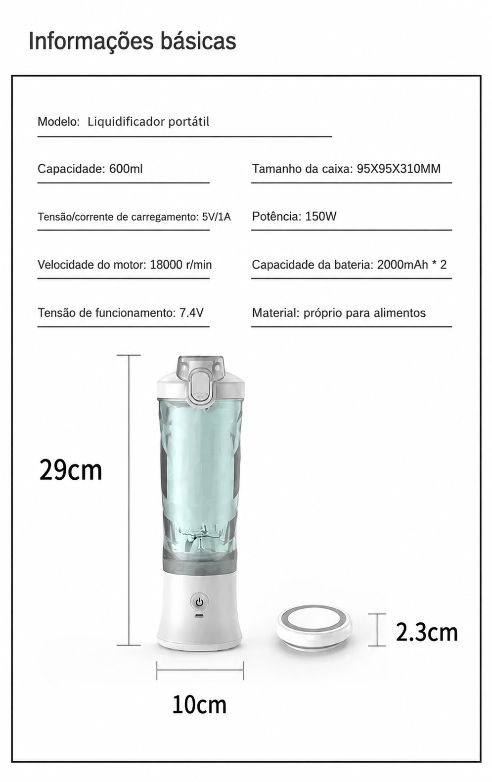 Liquidificador Portátil Sem Fios 600ml, 150W — Bateria Dupla 2000mAh, USB-C, Ideal para Smoothies e Batidos