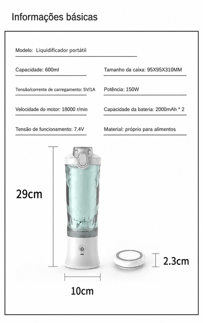 Liquidificador Portátil Sem Fios 600ml, 150W — Bateria Dupla 2000mAh, USB-C, Ideal para Smoothies e Batidos
