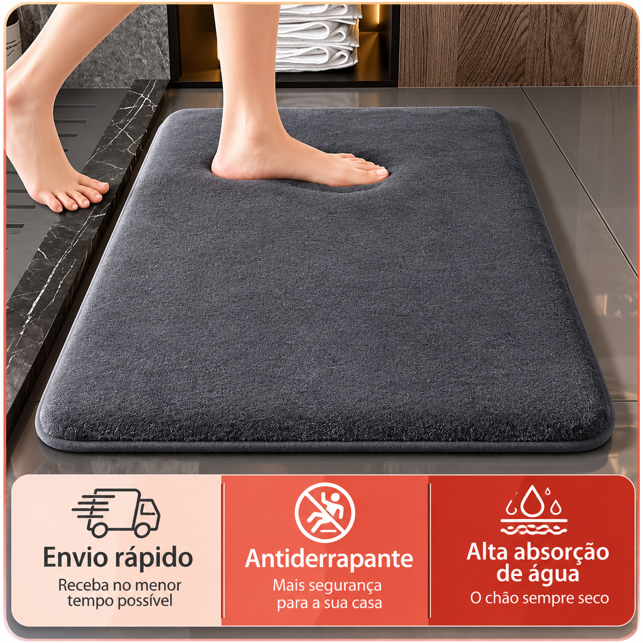 Tapete de Banho em Espuma Memory Foam Antiderrapante Super Absorvente, Base em PVC, Vários Tamanhos e Cores