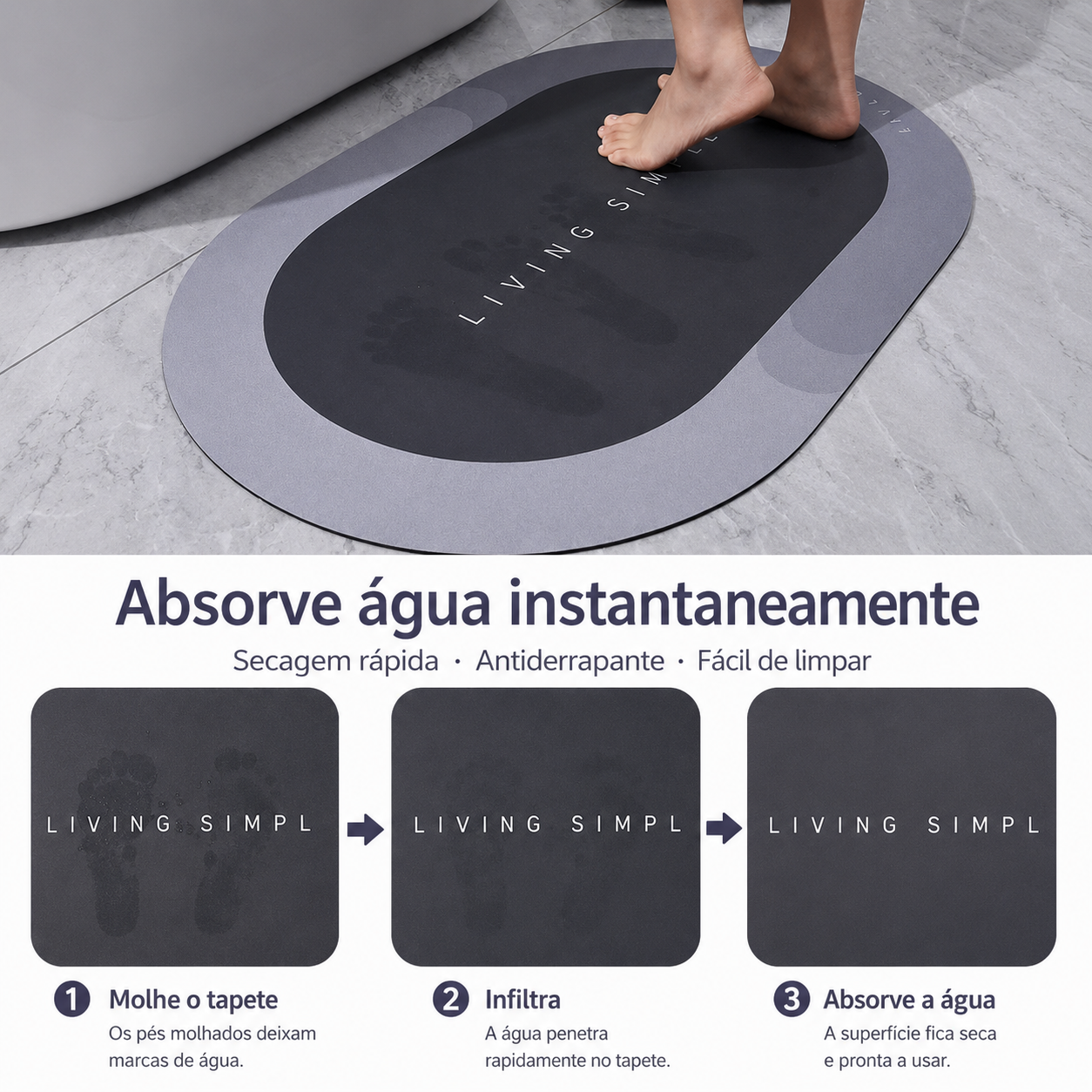 Tapete de Banho Super Absorvente e Antiderrapante - Secagem Rápida