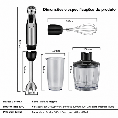 Varinha Mágica BioloMix 4 em 1, 1200W, 6 velocidades com picadora 500ml, copo misturador 600ml e batedor de claras