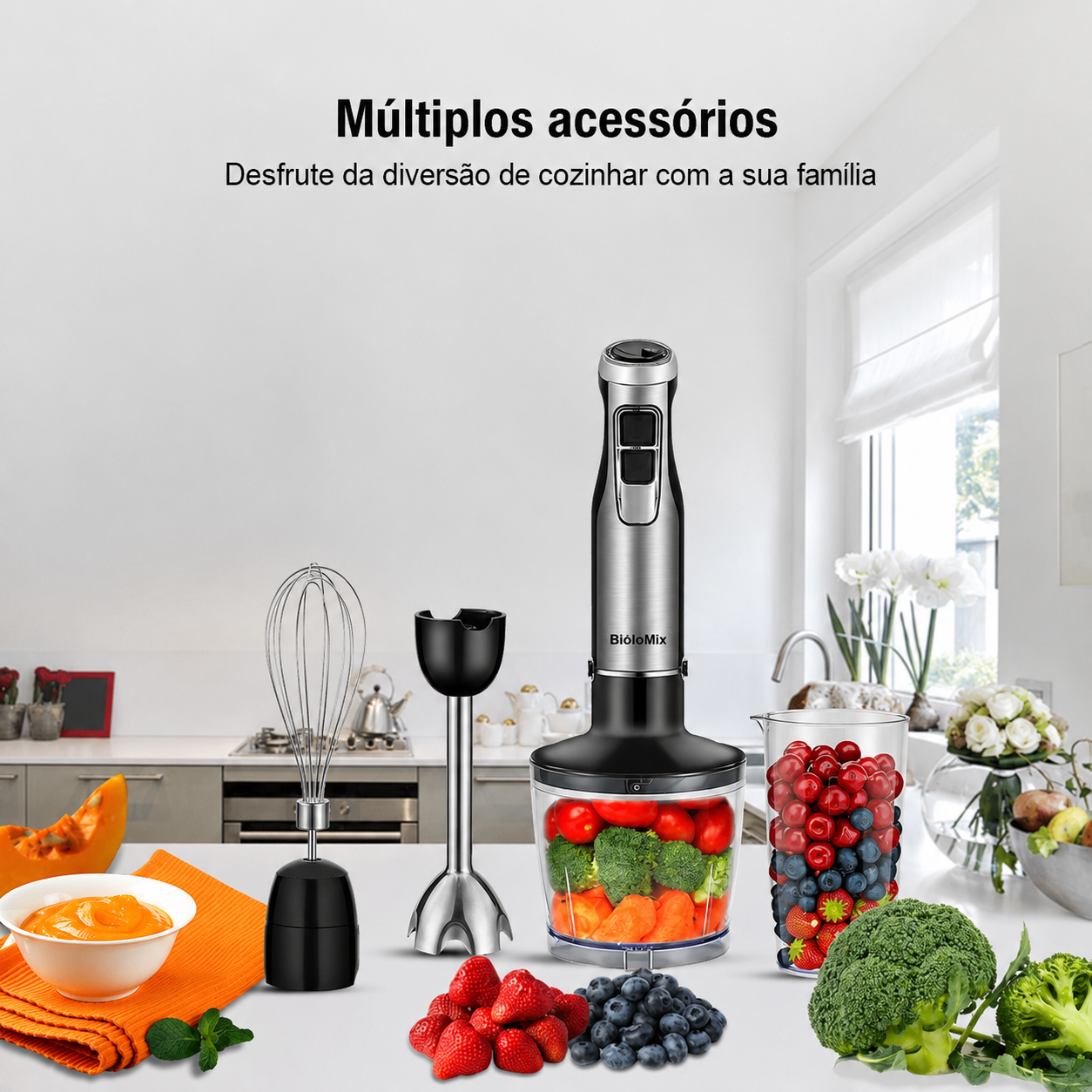 Varinha Mágica BioloMix 4 em 1, 1200W, 6 velocidades com picadora 500ml, copo misturador 600ml e batedor de claras