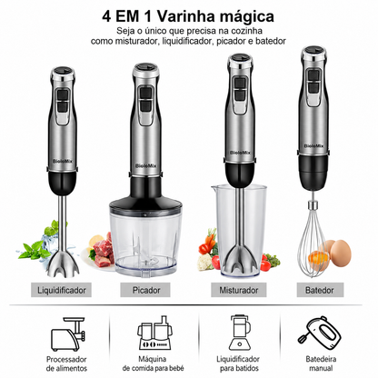 Varinha Mágica BioloMix 4 em 1, 1200W, 6 velocidades com picadora 500ml, copo misturador 600ml e batedor de claras