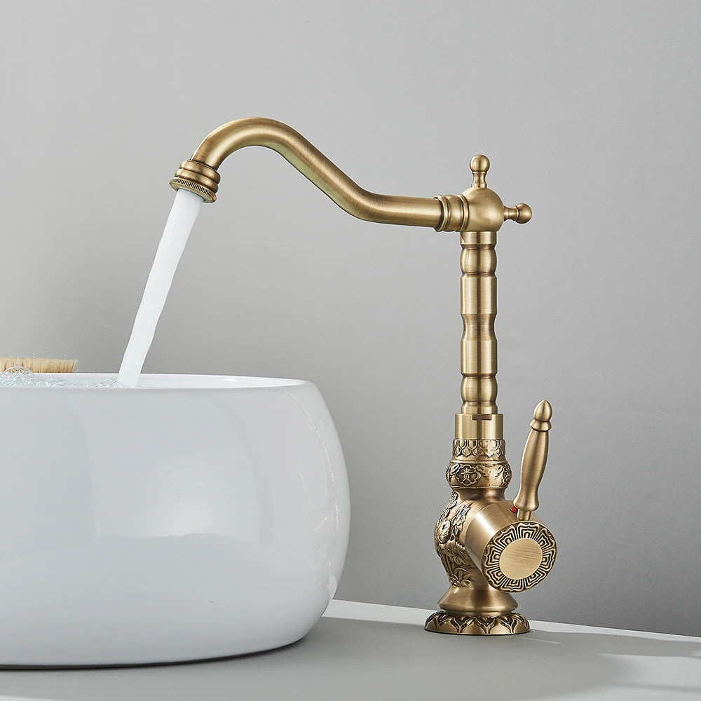Kitchen Sink Faucets Retro Brass Antique Bronze Single Handle Kitchen Basin Faucets Deck Mounted Hot&Cold Water Mix Tap