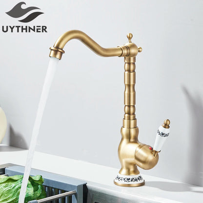 Kitchen Sink Faucets Retro Brass Antique Bronze Single Handle Kitchen Basin Faucets Deck Mounted Hot&Cold Water Mix Tap