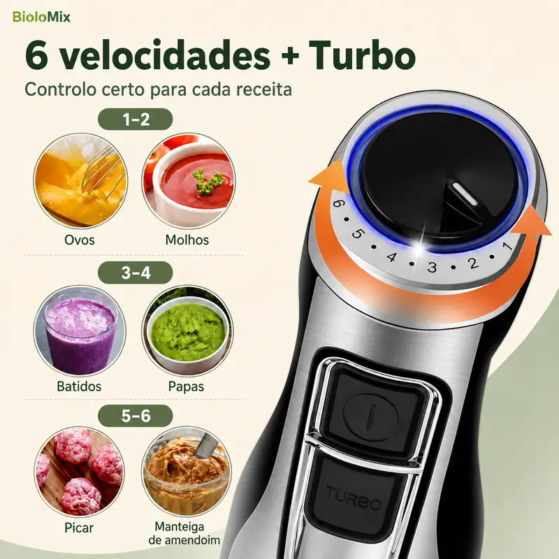 Seletor da varinha mágica 1200W BioloMix com seis velocidades e função Turbo para diferentes receitas