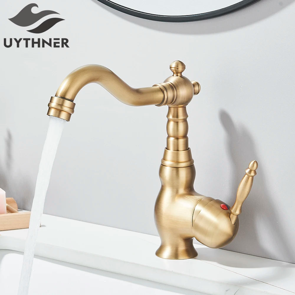 Kitchen Sink Faucets Retro Brass Antique Bronze Single Handle Kitchen Basin Faucets Deck Mounted Hot&Cold Water Mix Tap