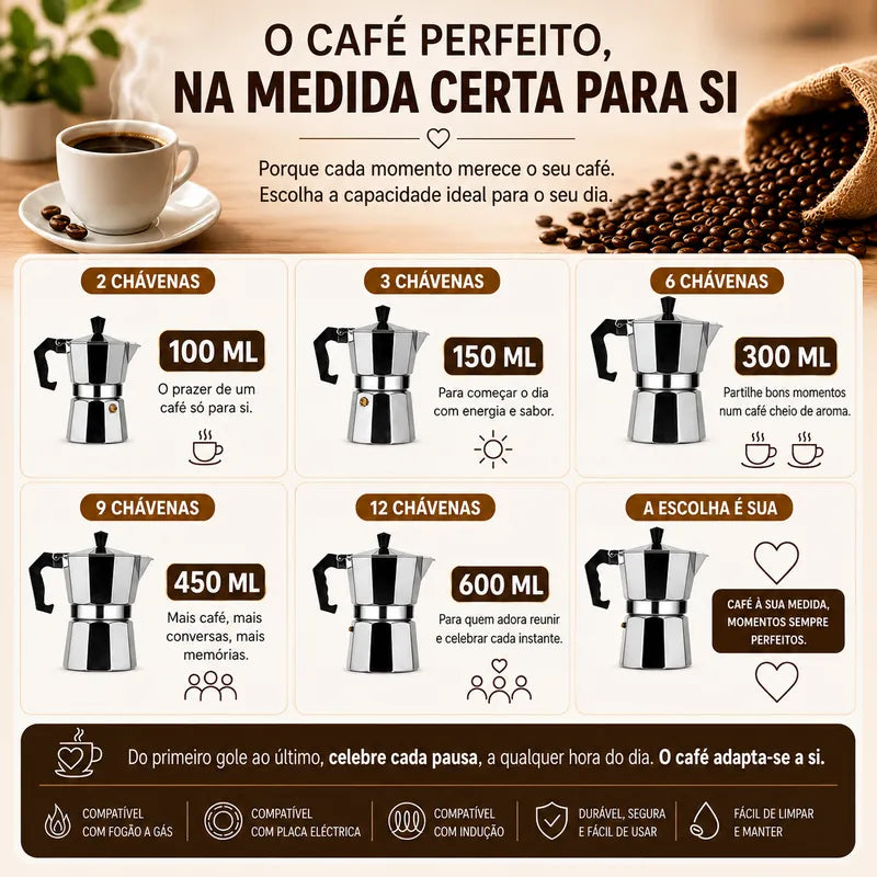 Cafeteira italiana disponível em 100, 150, 300, 450 e 600 ml para diferentes momentos de café