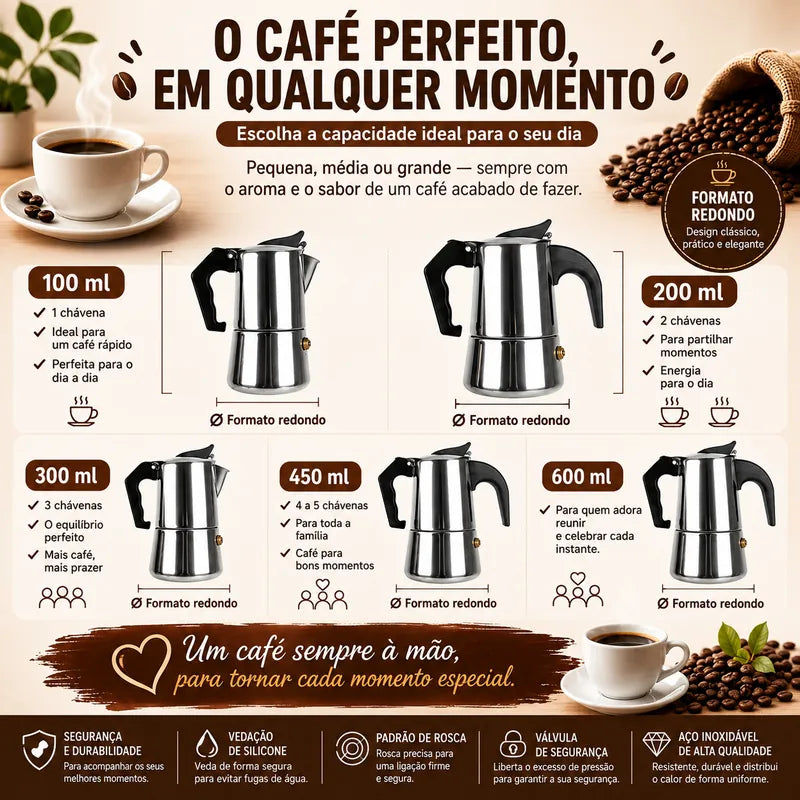Cafeteira italiana redonda em aço inoxidável disponível em 100 ml, 200 ml, 300 ml e 450 ml