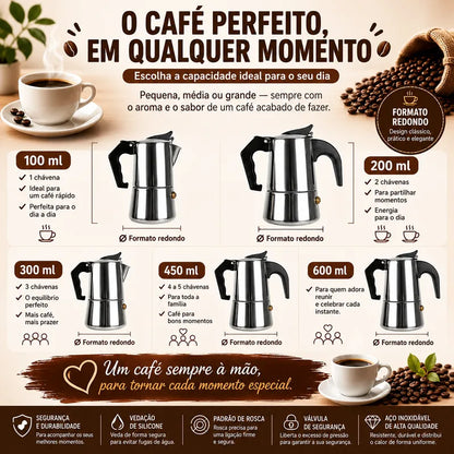 Cafeteira italiana redonda em aço inoxidável disponível em 100 ml, 200 ml, 300 ml e 450 ml