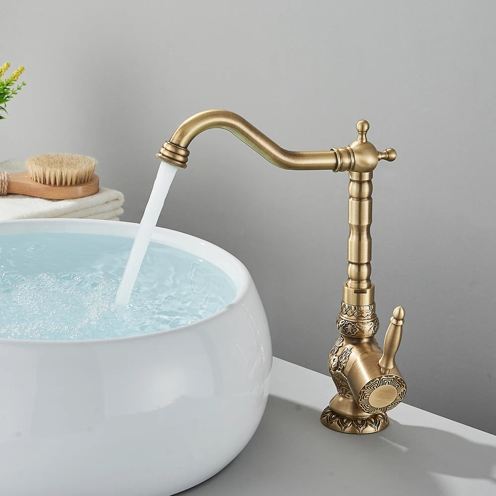 Kitchen Sink Faucets Retro Brass Antique Bronze Single Handle Kitchen Basin Faucets Deck Mounted Hot&Cold Water Mix Tap
