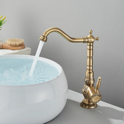 Kitchen Sink Faucets Retro Brass Antique Bronze Single Handle Kitchen Basin Faucets Deck Mounted Hot&Cold Water Mix Tap