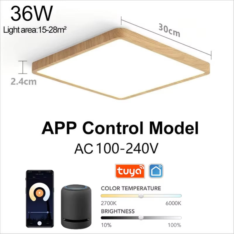 Tuya Smart LED Ceiling Lamp Wood Grain App Voice Control Alexa/Google Remote Control Square Ceiling Lights Living Room