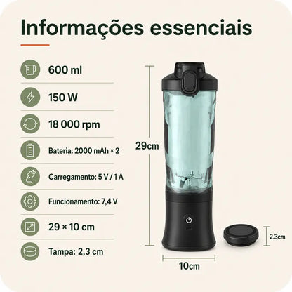 Liquidificador portátil preto de 600 ml e 150 W com bateria dupla, medidas e especificações técnicas.