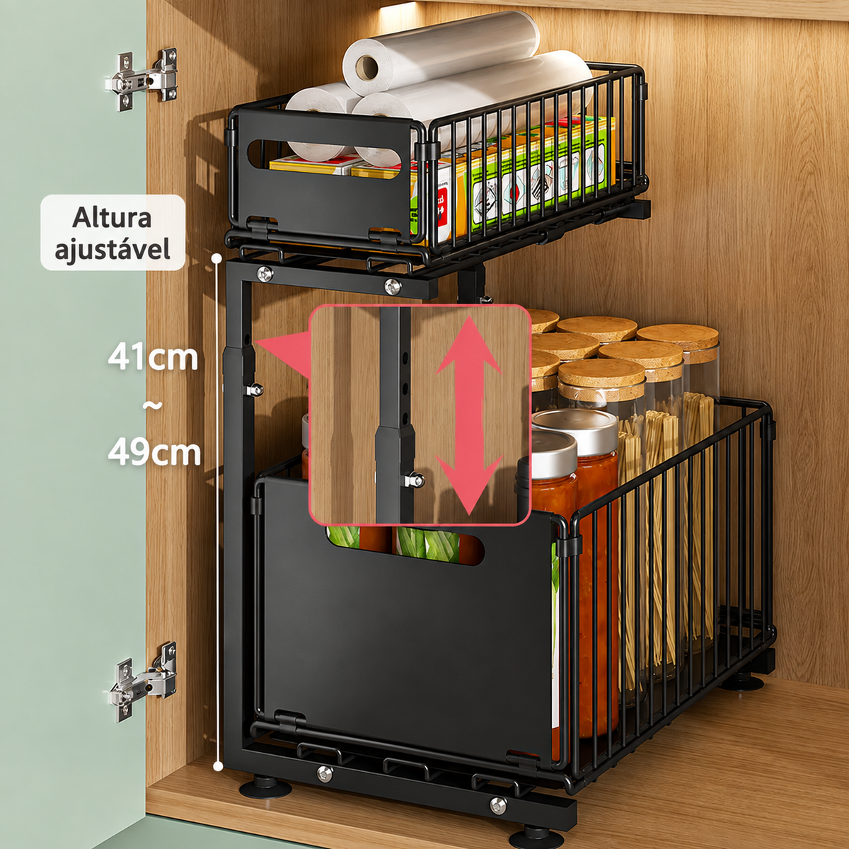 Organizador extraível de 2 níveis para armário de cozinha com altura ajustável entre 41 e 49 cm e cestos deslizantes