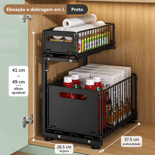 Organizador extraível preto de 2 níveis para armário de cozinha, com altura ajustável de 41 a 49 cm