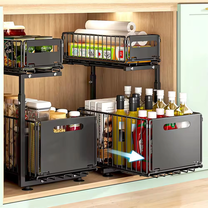 Organizador extraível de 2 níveis para armário de cozinha com cesto inferior deslizante para facilitar o acesso a garrafas e alimentos
