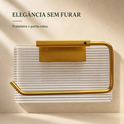 Porta-rolos de papel higiénico dourado com prateleira acrílica transparente, solução sem furos para casa de banho.
