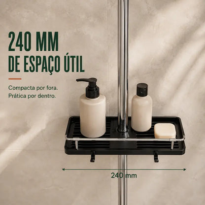 Prateleira de duche preta com 240 mm de espaço útil instalada em barra vertical cromada