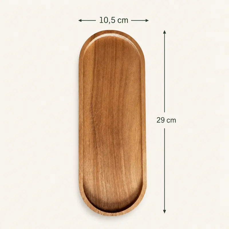 Tabuleiro de madeira oval comprido com bordos elevados, acabamento natural e medidas de 10,5 × 29 cm.