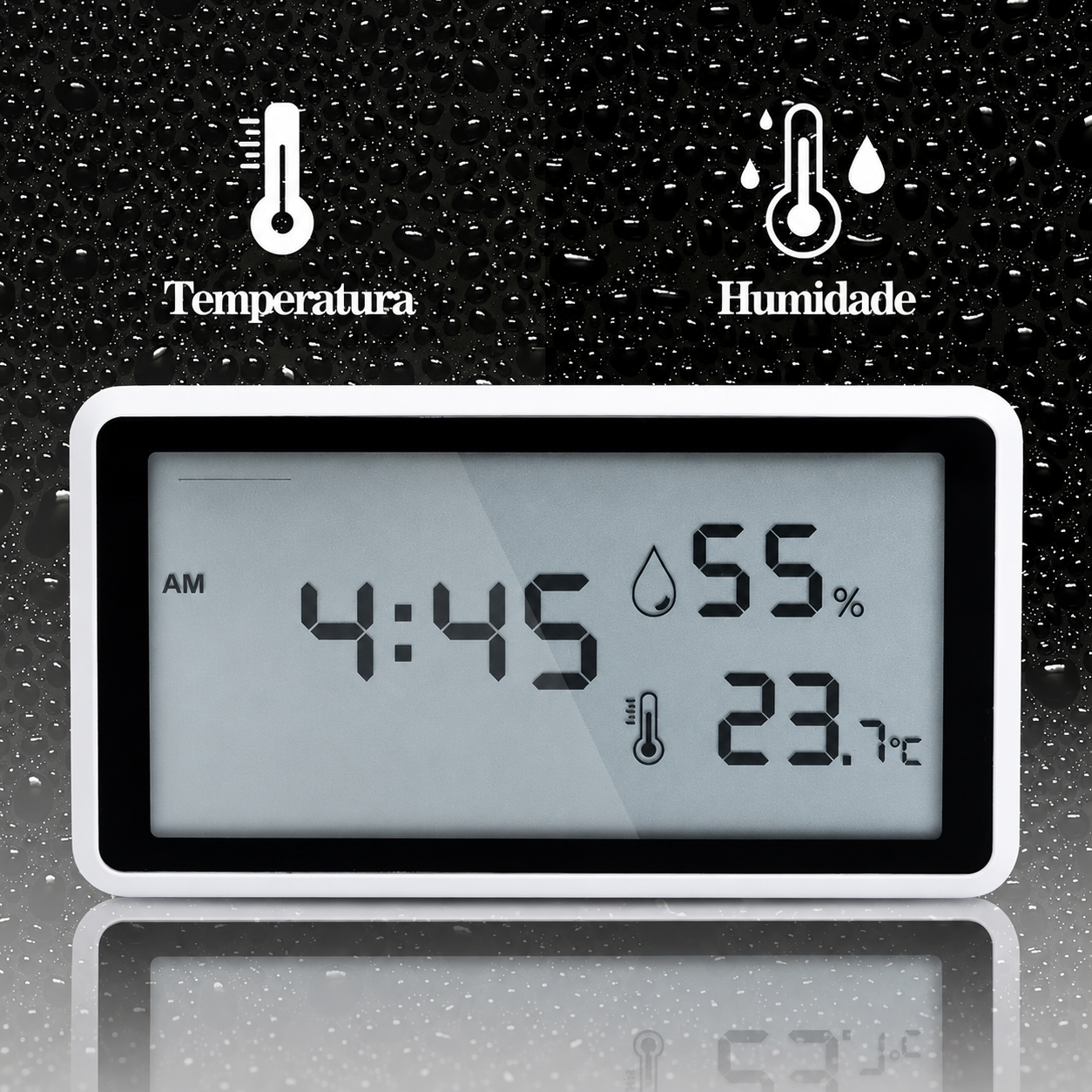 Visor LCD com indicação de temperatura, humidade e hora